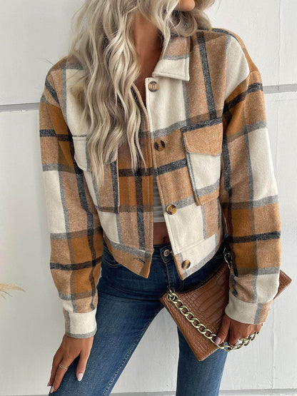 Perfee Plaid Button Up Drop Shoulder Cropped Jacket for Women