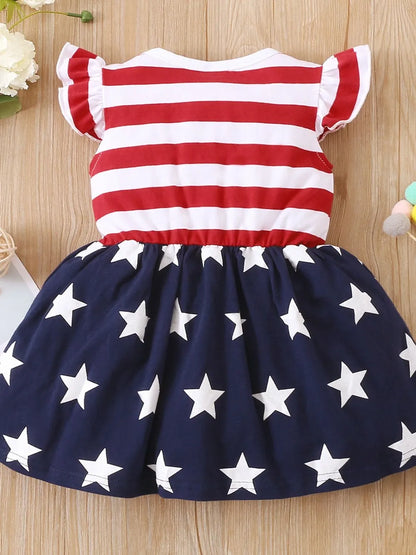 Striped &amp; Stars Ruffled Round Neck Cap Sleeve Dress