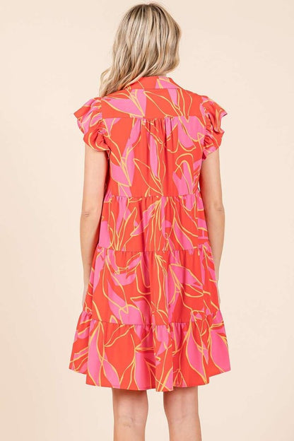Leaf Print Ruffle Sleeve Tiered Mini Dress For Summer – Fluttering, Playful and Feminine Dress with Layered Details