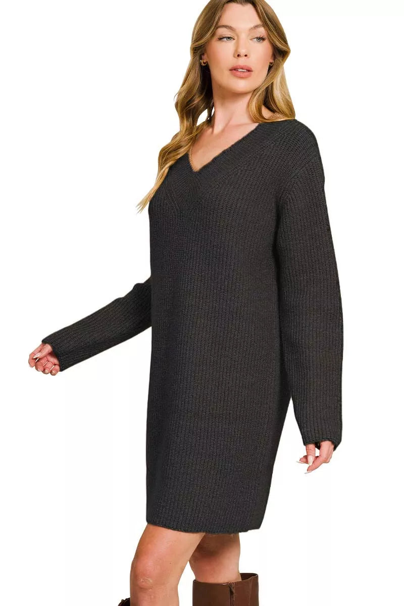V-Neck Long Sleeve Ribbed Sweater Dress