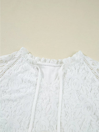 Tie Neck Lace Ruffle Detail Long Sleeve Blouse