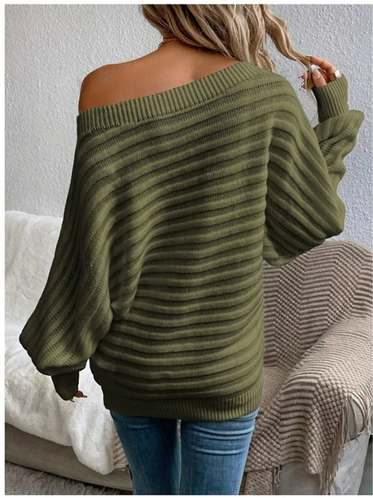 One Shoulder Ribbed Knit Sweater