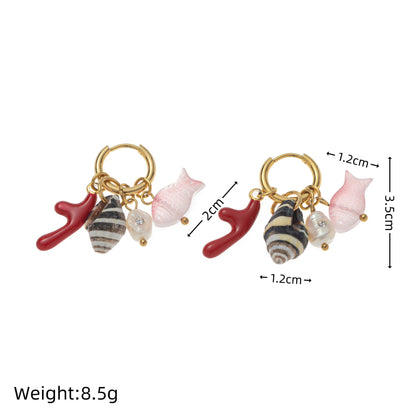 Fashionable Coral Small Fish And Conch Shell Earrings