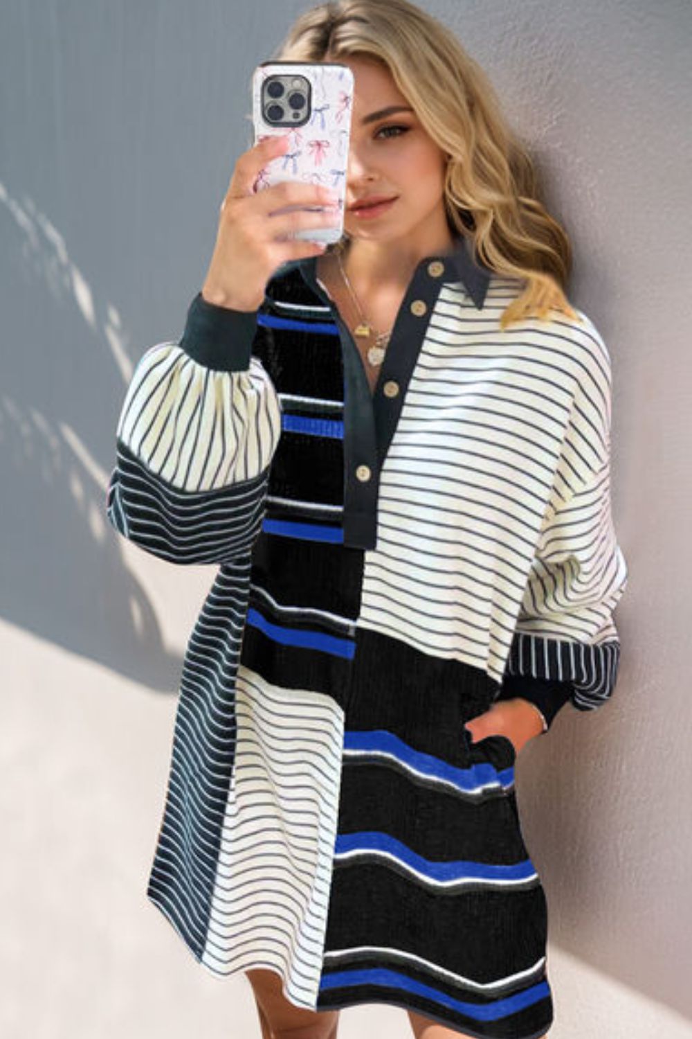 Full Size Striped Half Button Long Sleeve Mini Dress Trendy &amp; Casual Everyday Wear