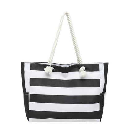 Womens Large-Capacity Striped Beach Tote Bag