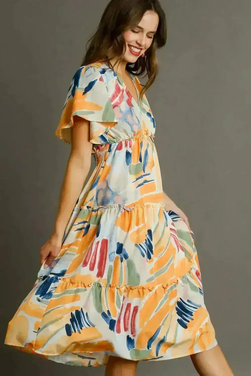 Umgee Abstract Print Midi Dress – Flutter Sleeves &amp; Tiered Frill Detail