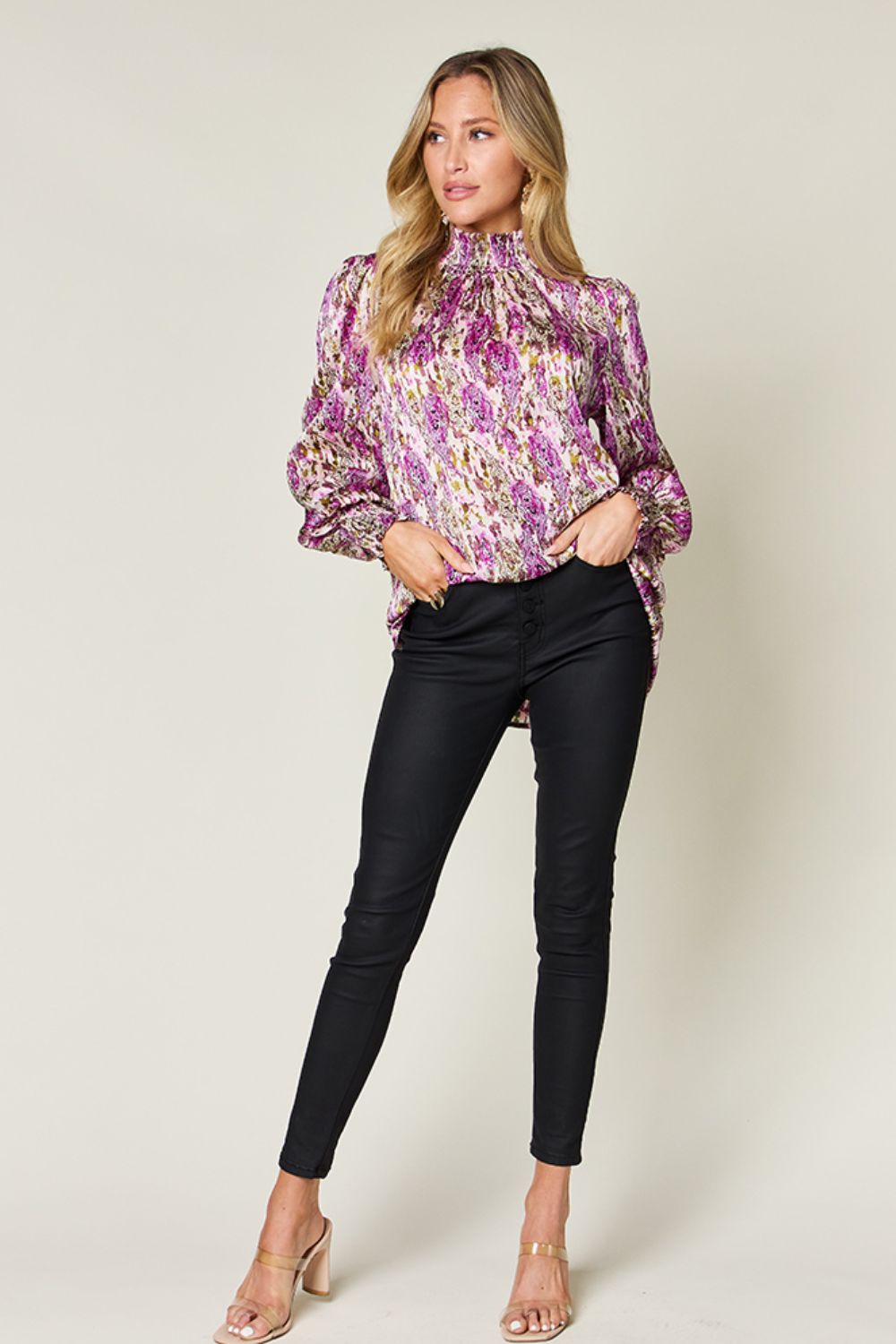 Semi-Sheer Smocked Top with Long Sleeves &amp; Frills