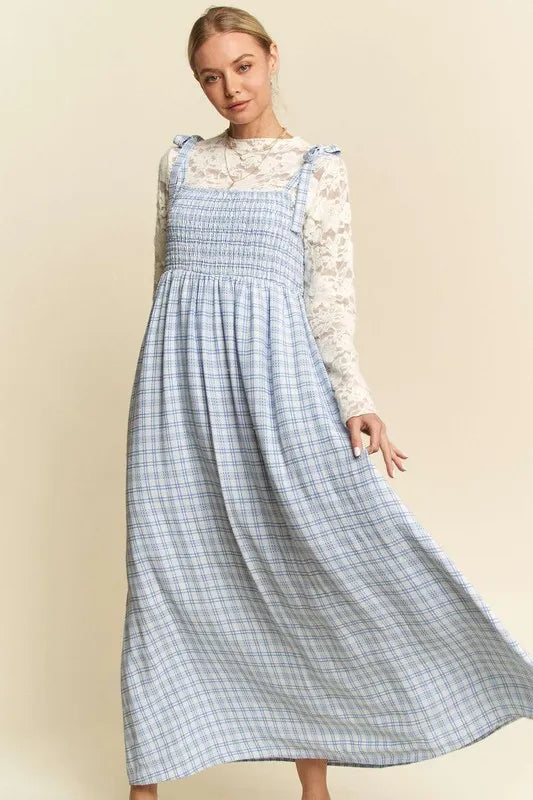 Davi &amp; Dani Plaid Smocking Sleeveless Maxi Dress