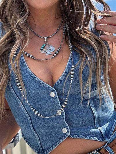 Buttoned V-Neck Denim Top for Stylish Casual Outfits
