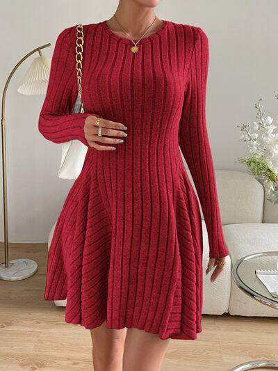 Ribbed Round Neck Long Sleeve Dress for Everyday Style