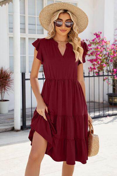 Ruched Notched Cap Sleeve Dress with Pockets and Stretch