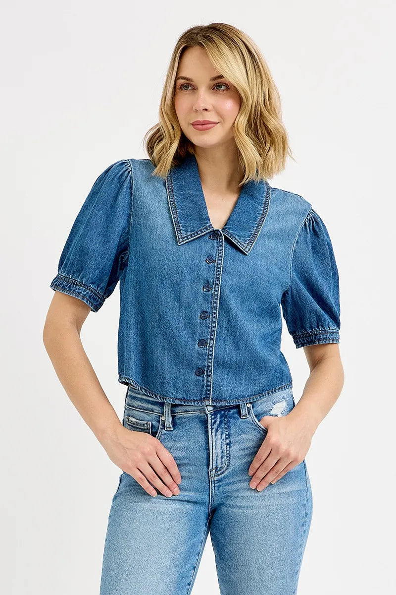 RISEN Button Down Puff Sleeve Crop Denim Shirt