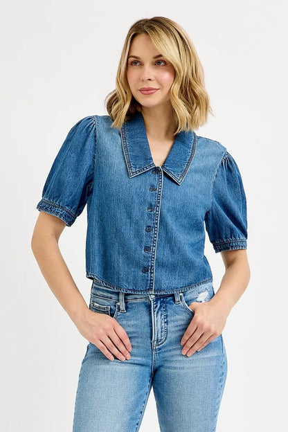 RISEN Button Down Puff Sleeve Crop Denim Shirt