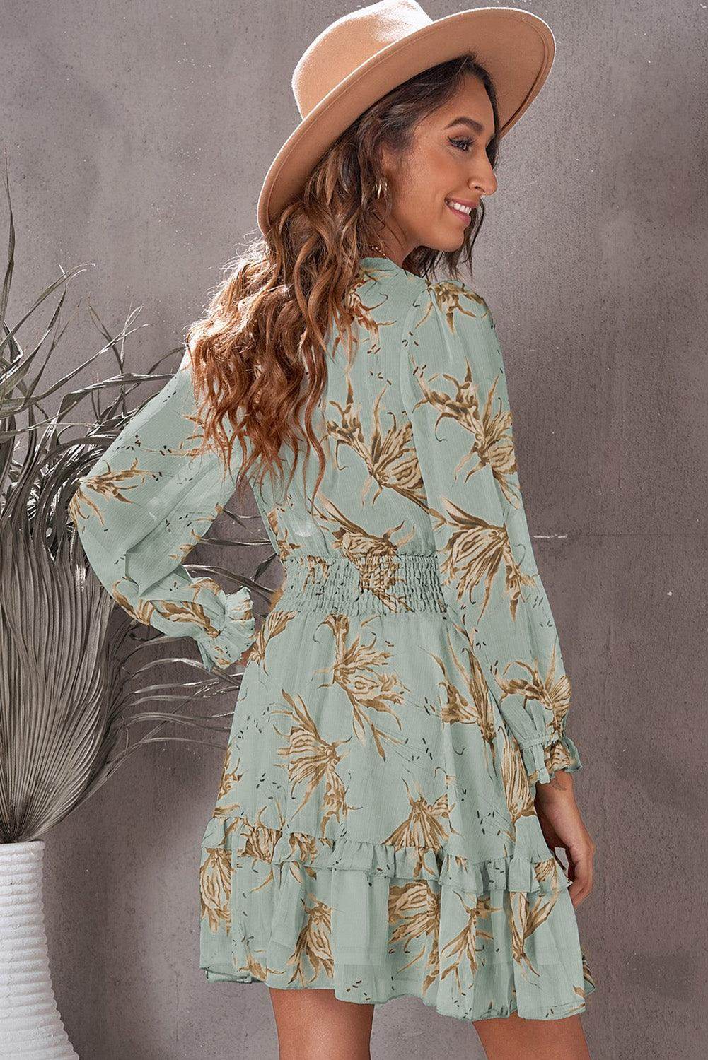 Floral Deep V Flounce Sleeve Mini Dress for Casual Chic