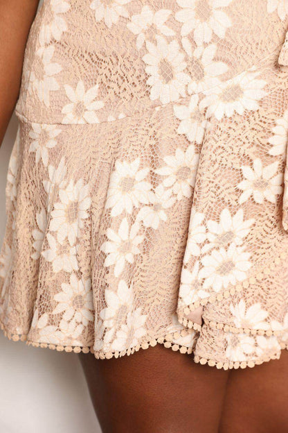 Double Take Floral Lace Pompom Tie-Waist Flutter Sleeve Dress