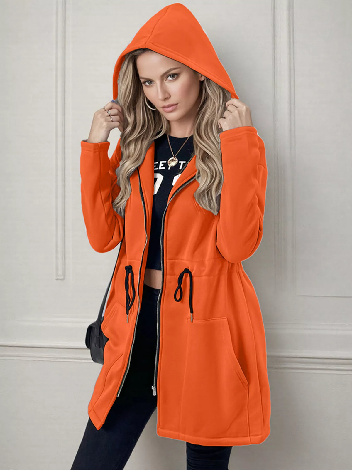 Drawstring Zip Up Hooded Outerwear
