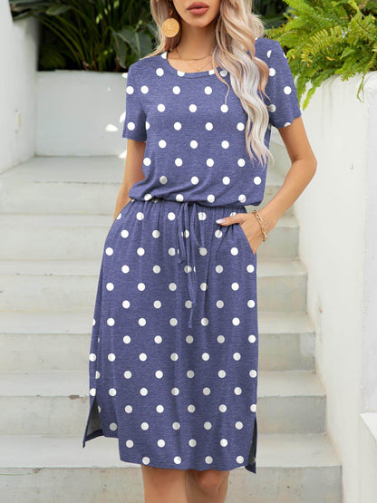 Round Neck Short Sleeve Slit Dress with Pockets for Women