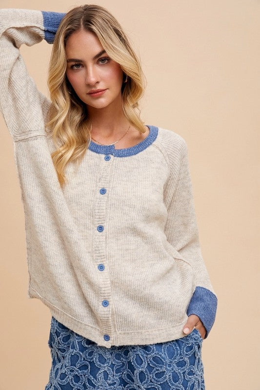 Back To School Sweater - Annie Wear Contrast Trim Button Down Raglan Sleeve Cardigan