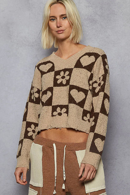 POL V-Neck Heart Pattern Checkered Sweater