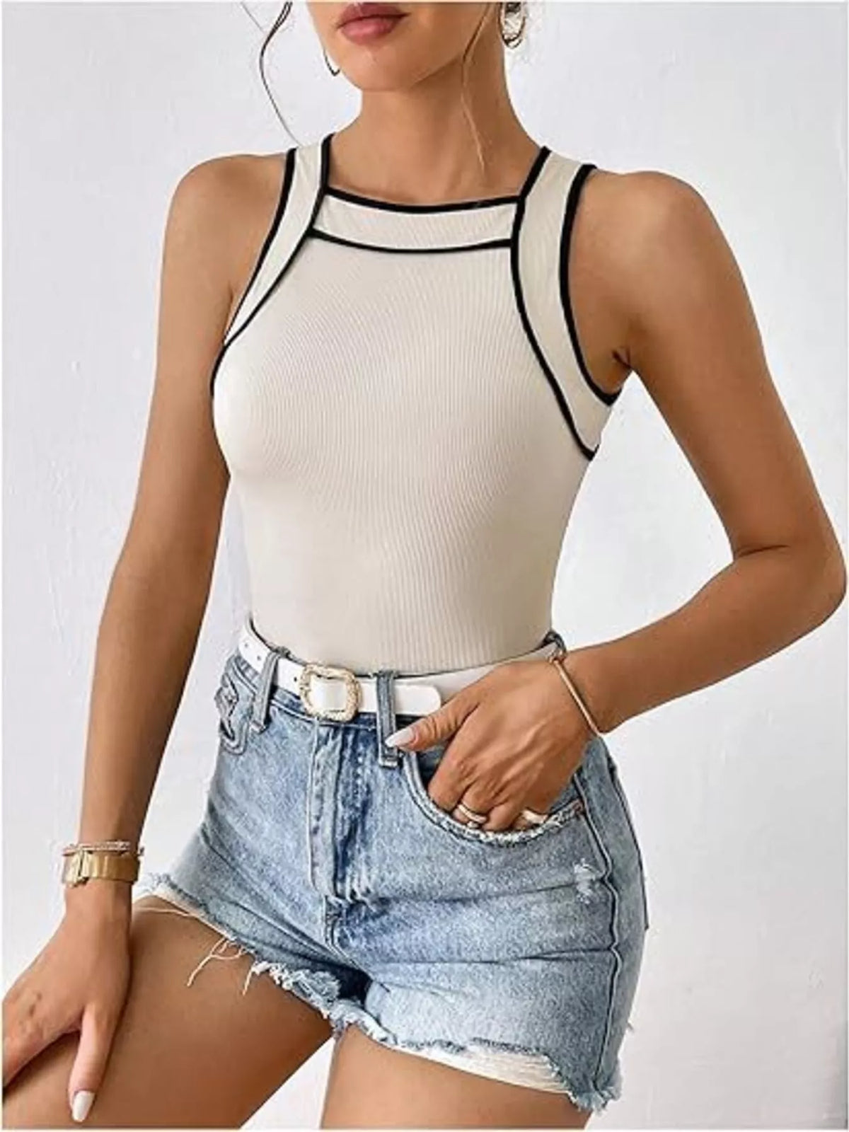 Ribbed Knit Contrast Trim Tank Top