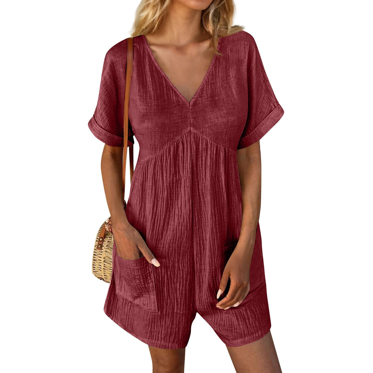 Solid Color V-neck Bat Sleeve Jumpsuit with Pockets