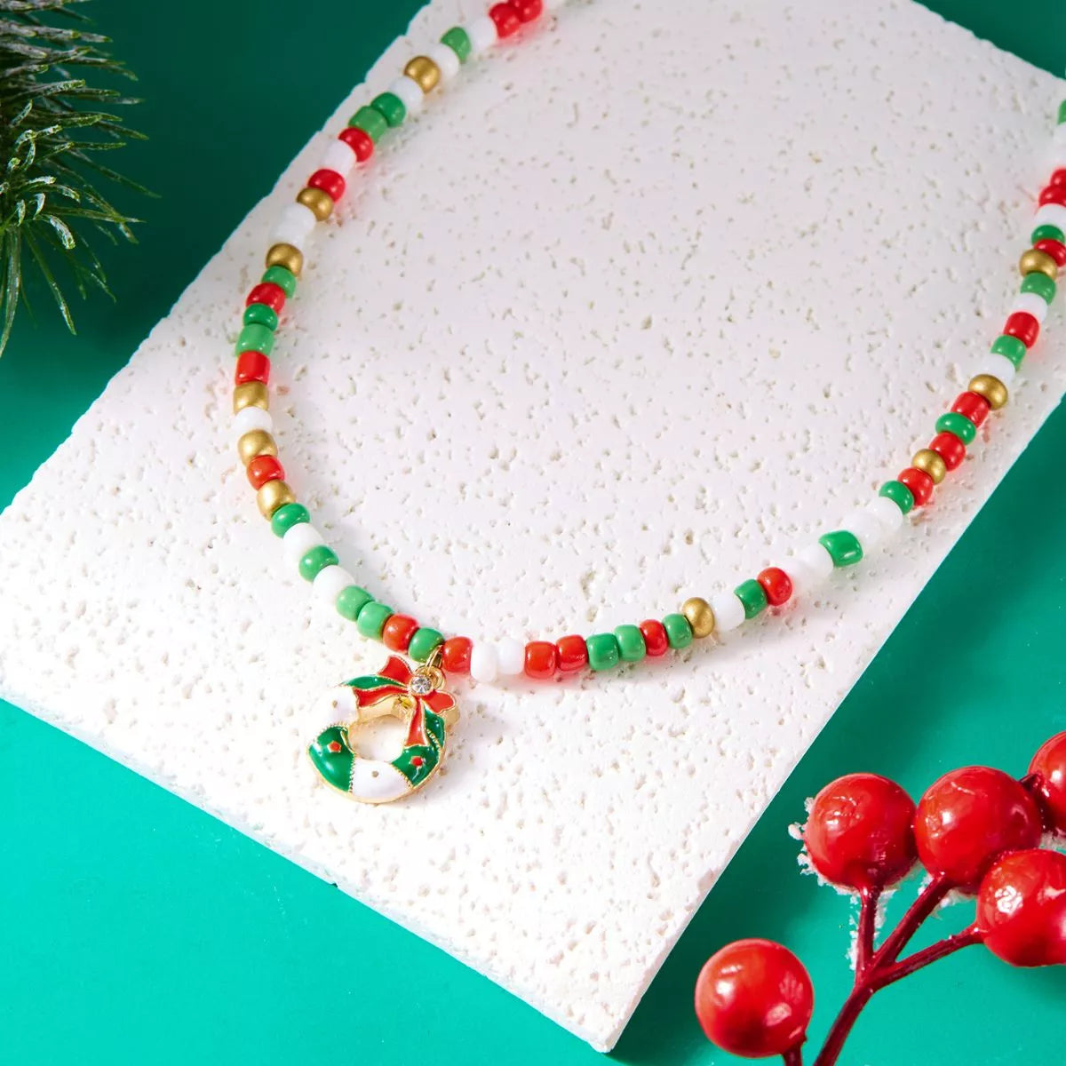 Christmas Themed Beaded Pendant Necklace