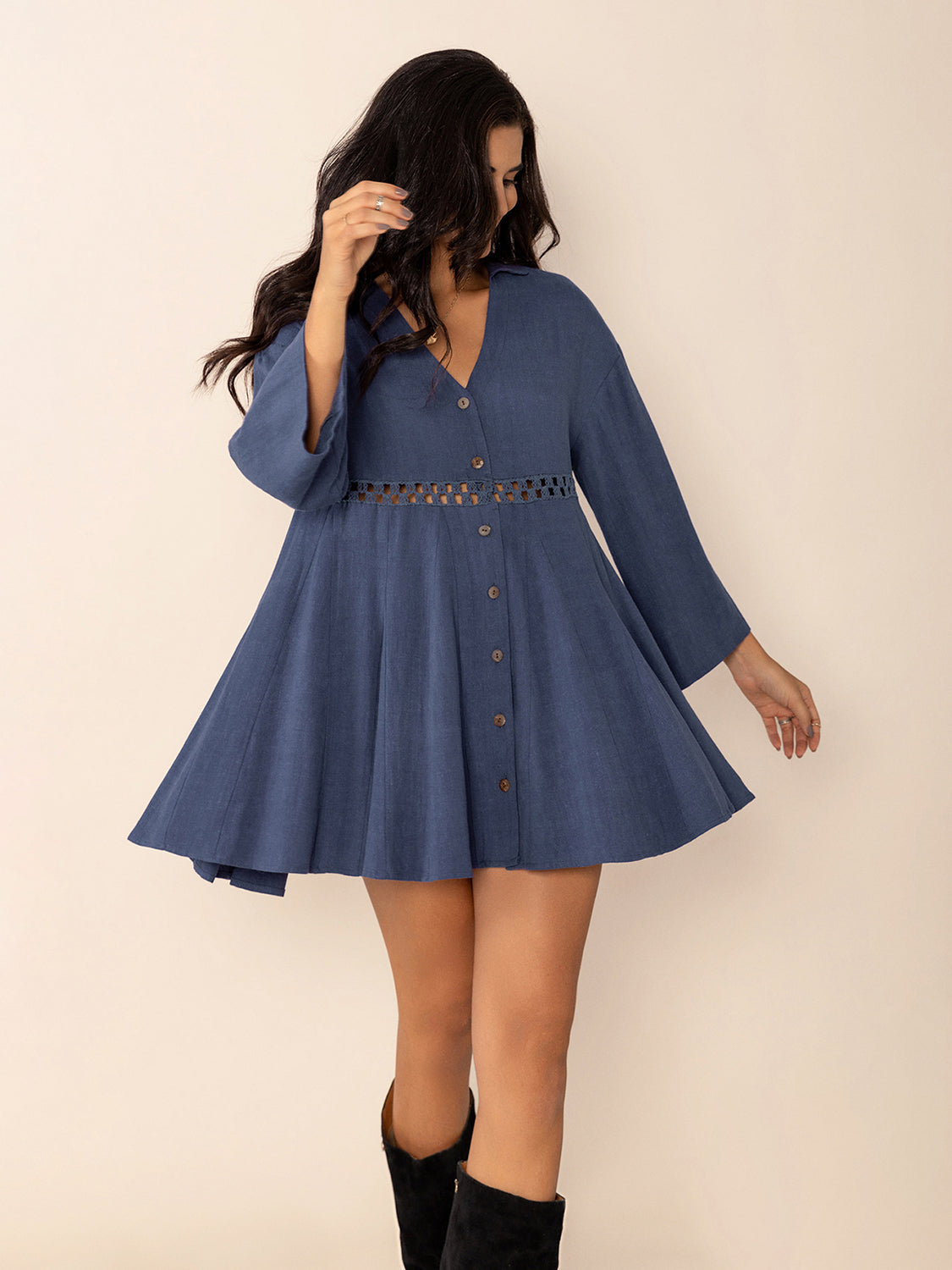 Dusty Blue Long Sleeve Mini Dress Elegant Cutout &amp; Buttoned Design Lightweight Women Dress
