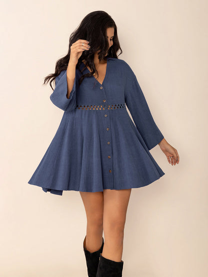 Dusty Blue Long Sleeve Mini Dress Elegant Cutout &amp; Buttoned Design Lightweight Women Dress