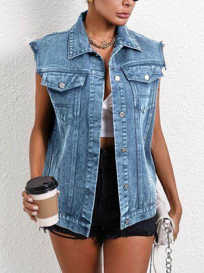 Pocketed Collared Neck Sleeveless Denim Top for Women