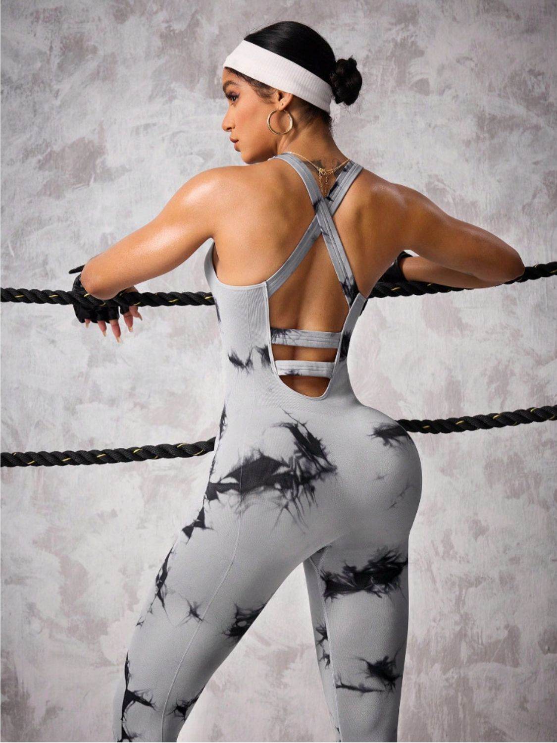 Back Crisscross Tie-Dye Scoop Neck Active Jumpsuit