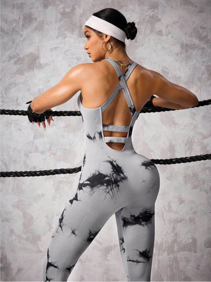 Back Crisscross Tie-Dye Scoop Neck Active Jumpsuit