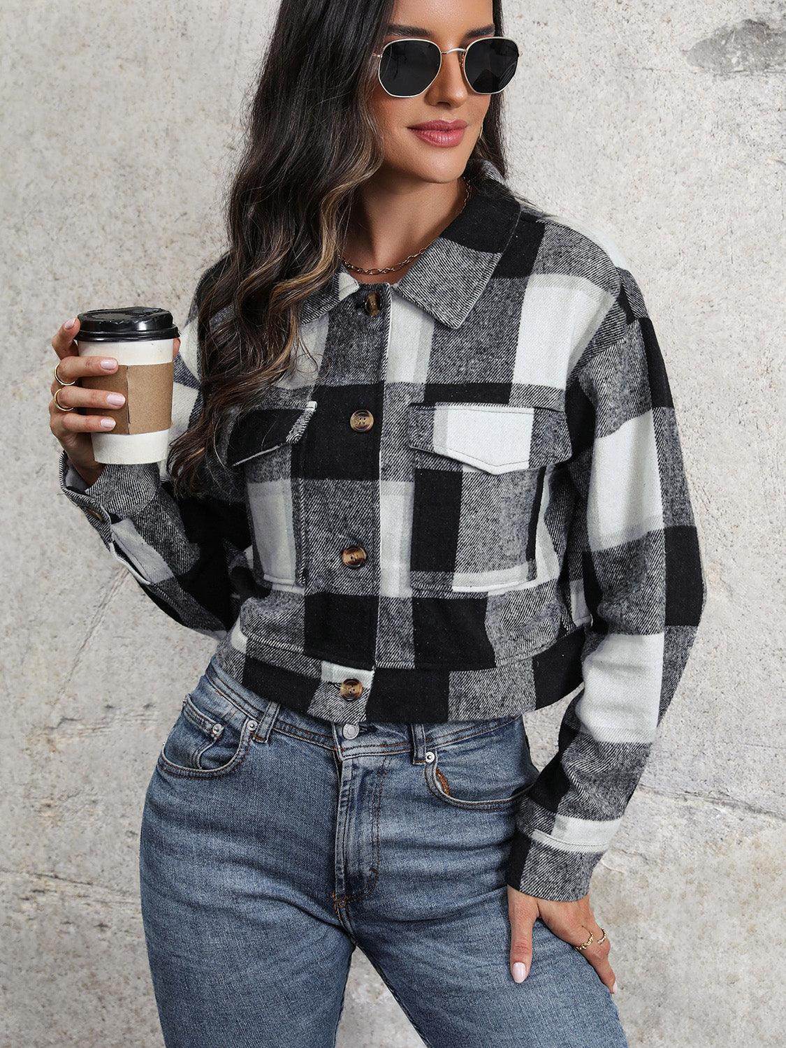 Perfee Plaid Button Up Drop Shoulder Cropped Jacket for Women