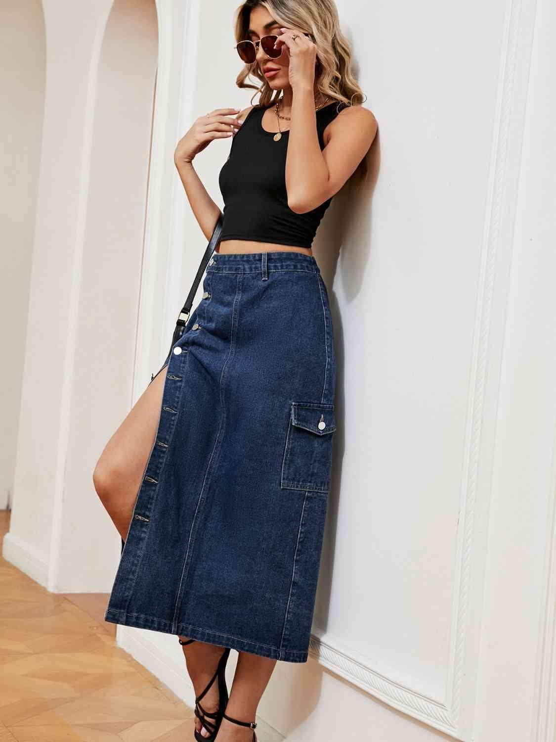 Button Down Midi Denim Skirt with Pockets and Button Detail