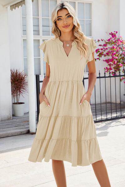 Ruched Notched Cap Sleeve Dress with Pockets and Stretch