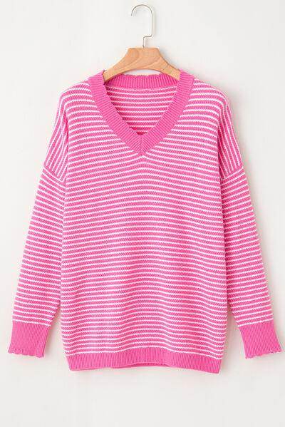 Striped V-Neck Dropped Shoulder Sweater for Women