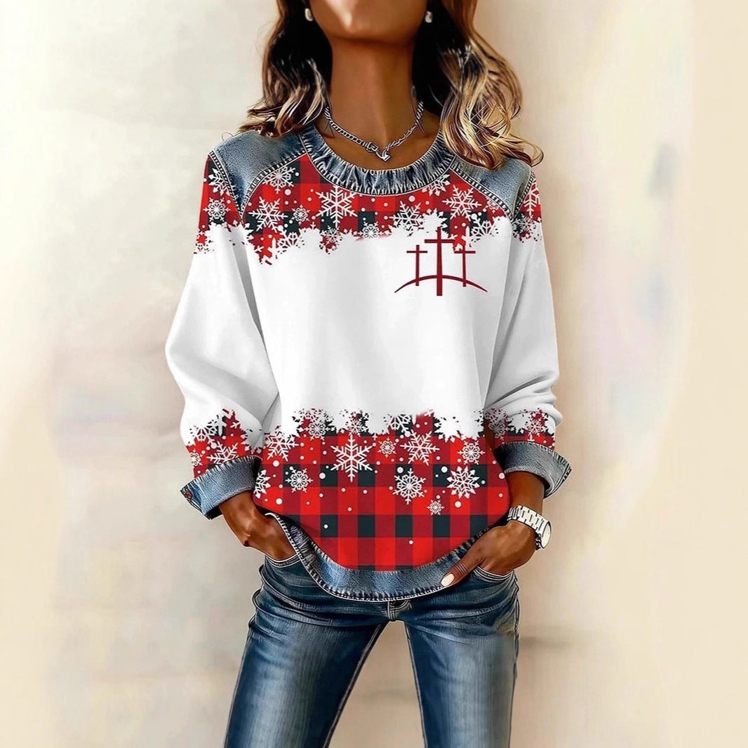 Womens Casual Floral Denim Patchwork Hoodie Top