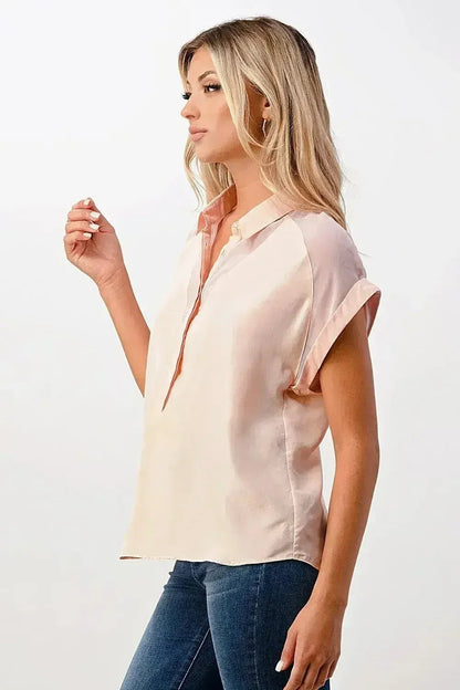 Rolled Sleeve Satin Blouse – Silk V-Neck Button-Up Tope | Femstylo