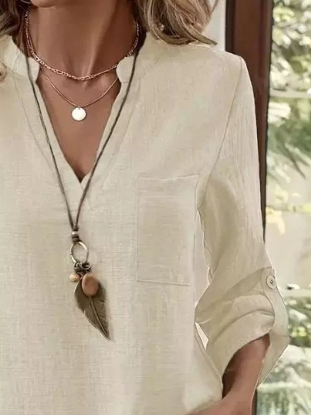 Roll-Up Sleeve Notched Blouse