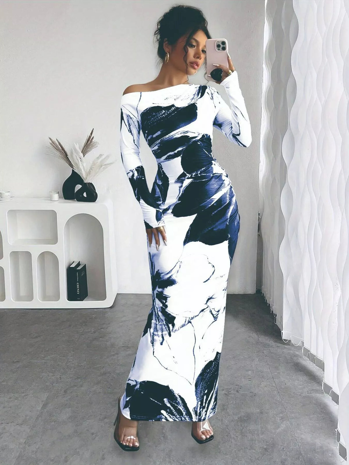 Floral One Shoulder Long Sleeve Maxi Dress