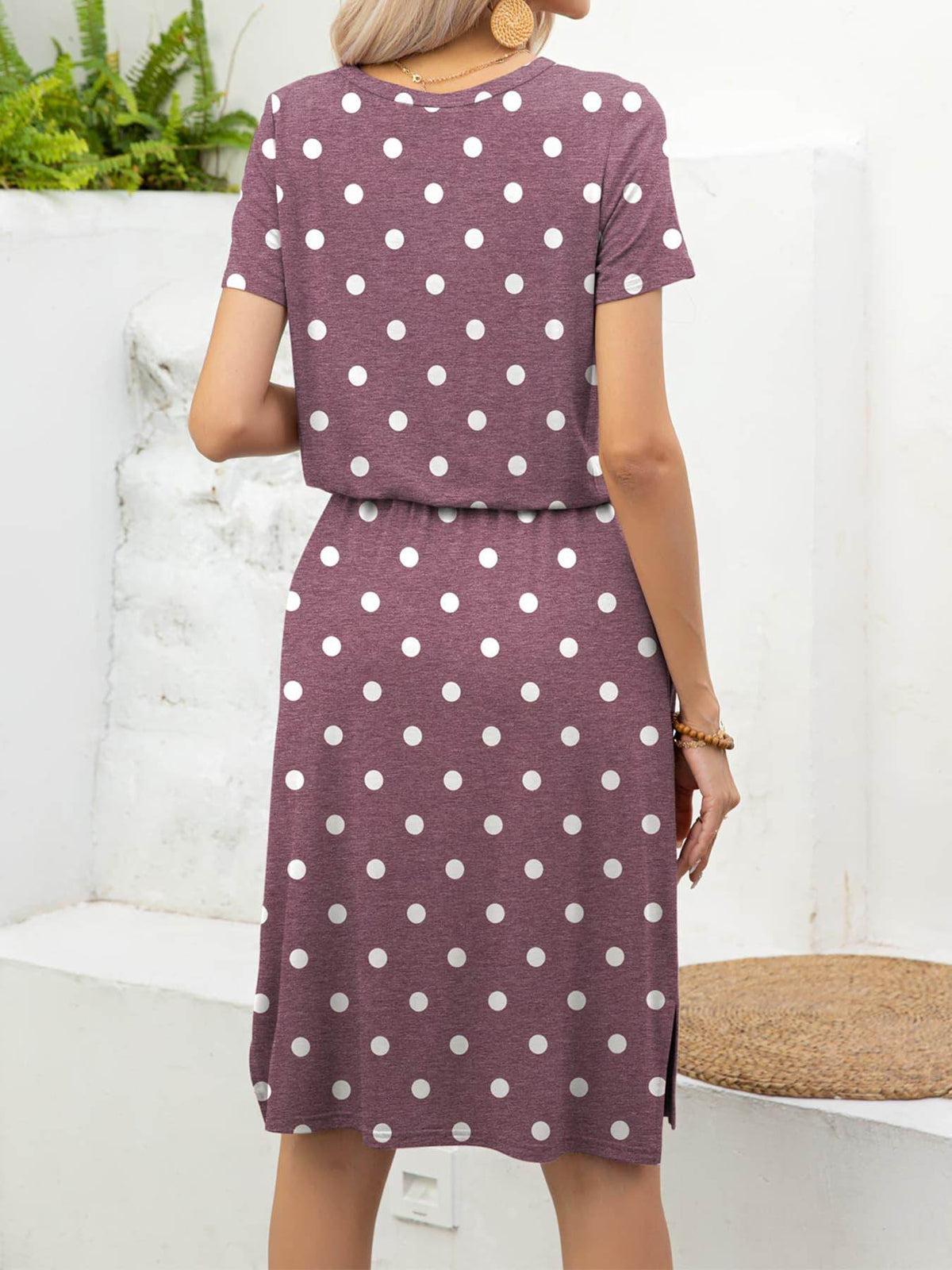 Round Neck Short Sleeve Slit Dress with Pockets for Women