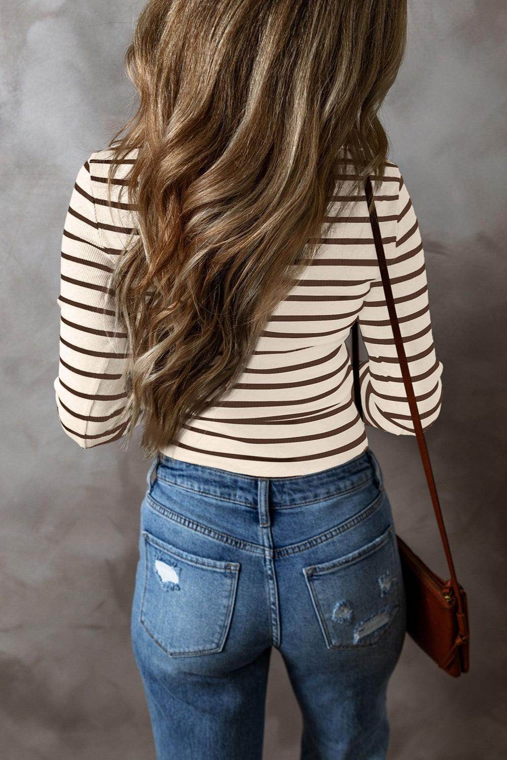 Striped V-Neck Long Sleeve Top for Women Casual Wear