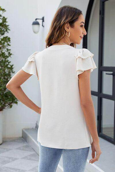 Ruffled Notched Short Sleeve Blouse for Women Fashion
