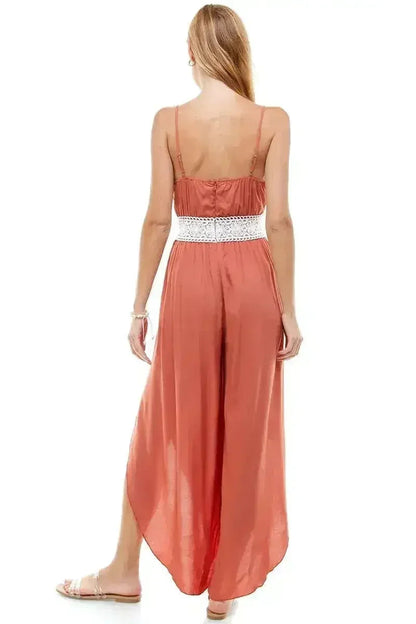 FLORAL &amp; SOLID CROCHET TULIP LEG CAMI JUMPSUIT