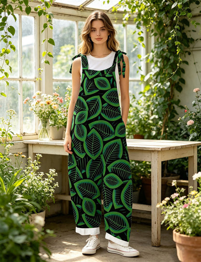 Women Green Geometric Line Print Tie Strap Overalls, Loose Wide Leg Rolled Cuff Casual Jumpsuit With Pockets