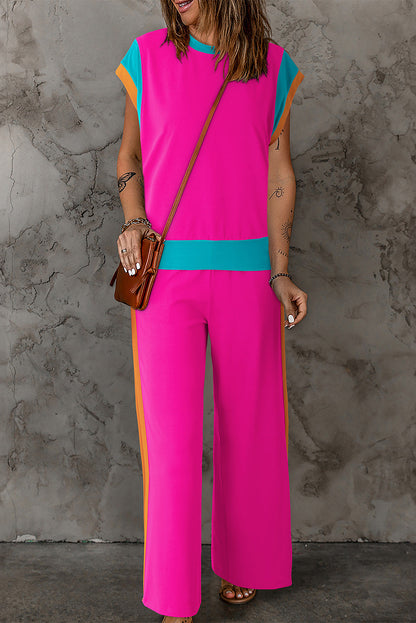 Polyester Two-Piece Set with Contrast Top &amp; Pants