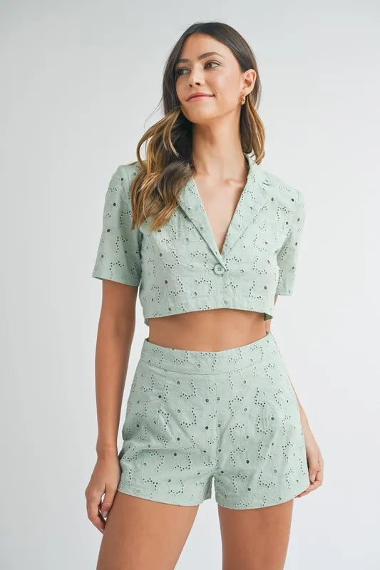MABLE Eyelet Short Sleeve Crop Top and Shorts Set