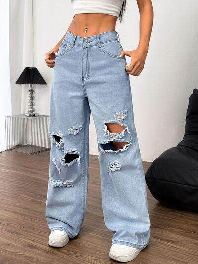Distressed Wide Leg Jeans with Pockets for Women
