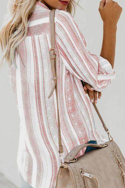 Striped Collared Neck Long Sleeve Shirt for Women Fashion