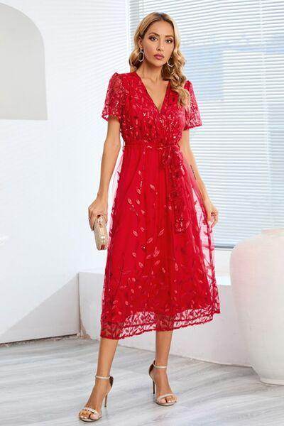 Sequin Leaf Embroidery Tie Front Short Sleeve Dress for Women