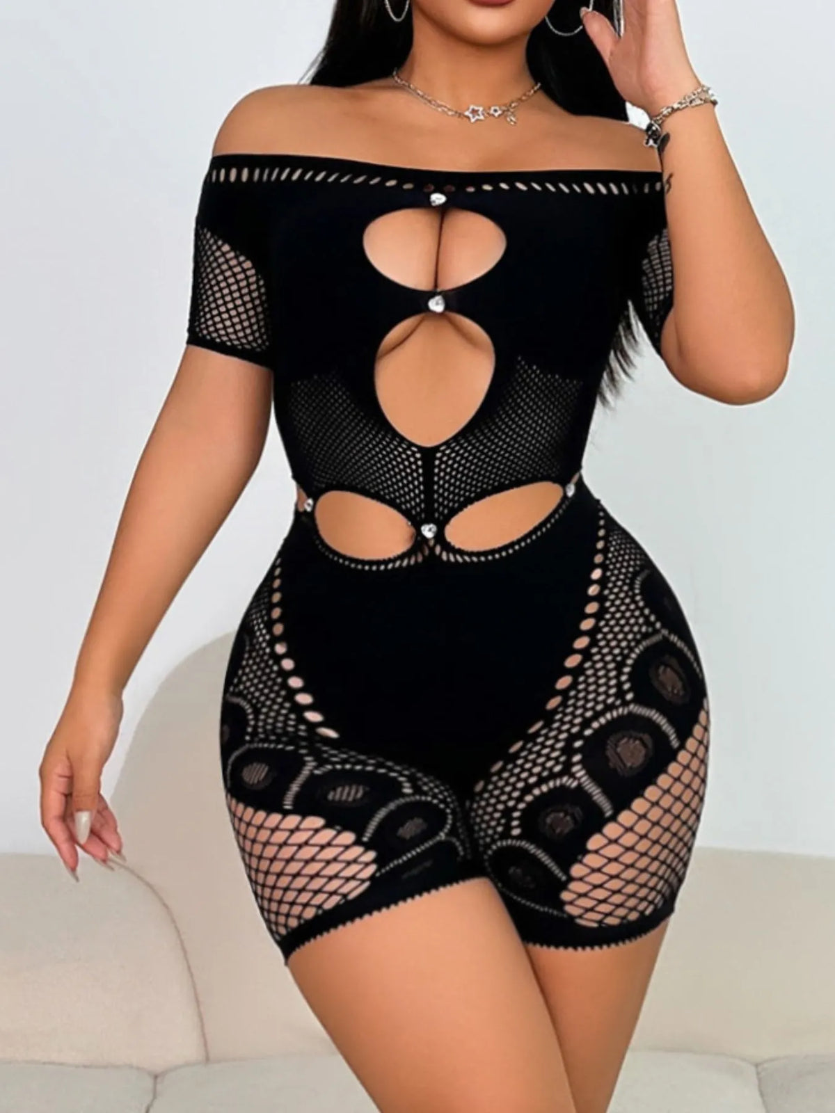 Cutout Off Shoulder Fishing Net Romper